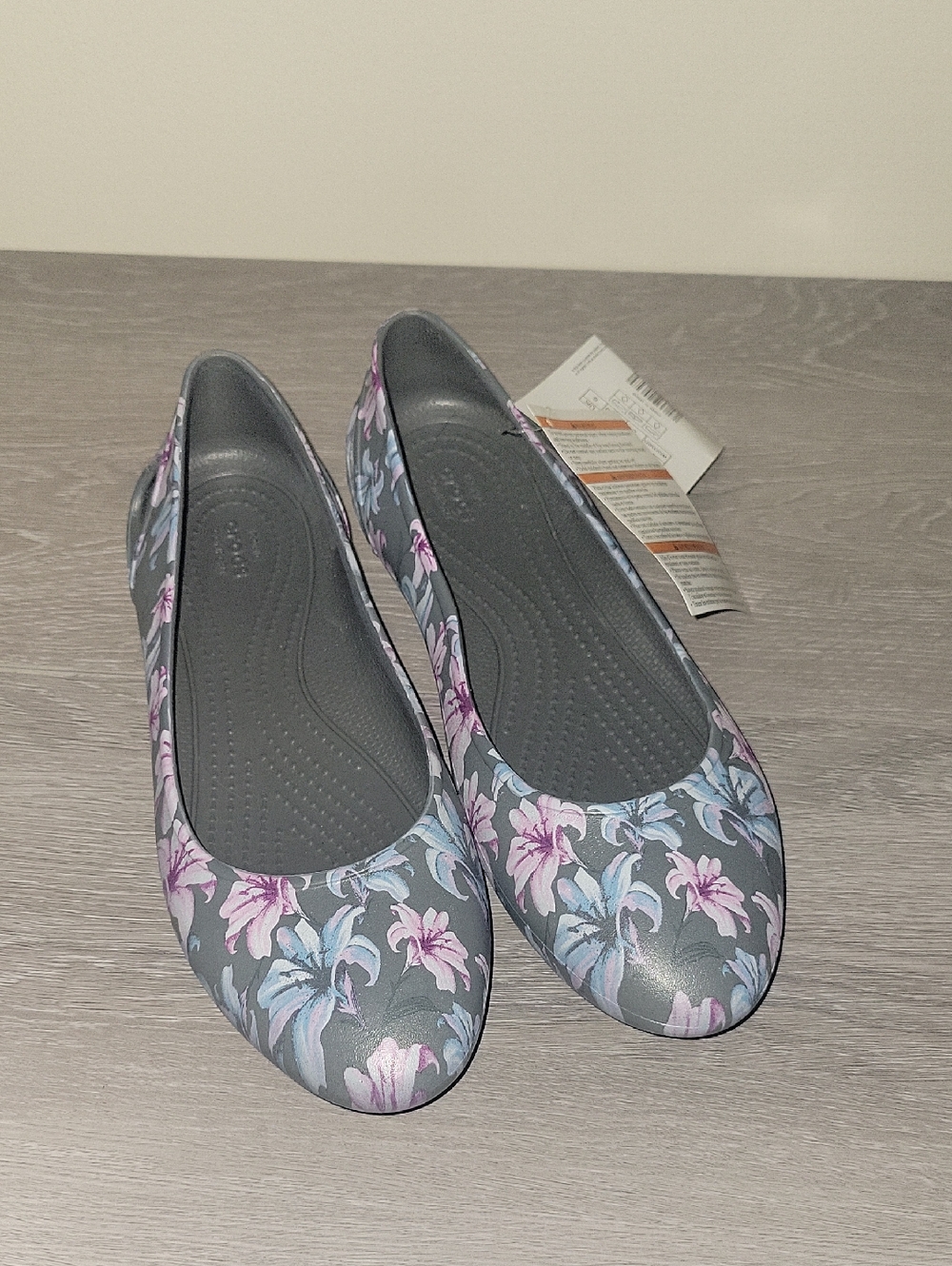 CROCS Grey Floral Ballet Flats with Pink & Light Blue Blooms